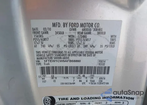 2010 Ford F150 Xl из США, поврежденный, VIN 1FTEW1CW9AFB68860